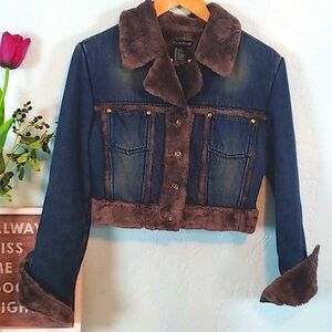 Late 90's Bebe denim jacket brown faux fur trim,rare!”